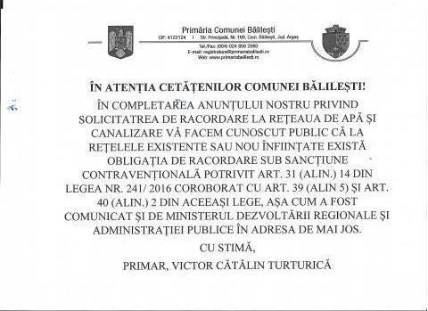 News update | To the attention of the citizens of Balilesti! @ Primaria Comunei Balilesti